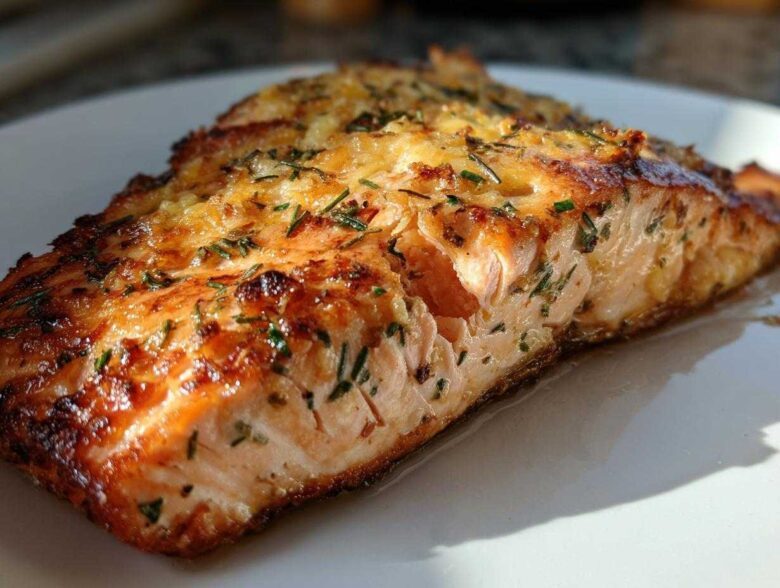 Close-up of a perfectly cooked piece of air fryer salmon with a golden, crispy, herbed topping on a white plate.