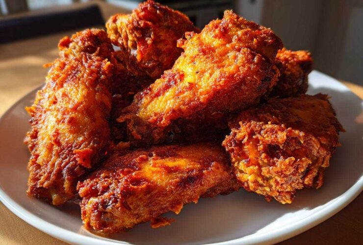 A close-up of a pile of golden-brown, incredibly crispy baked chicken wings seasoned with spices.