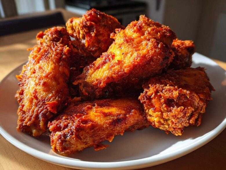 A close-up of a pile of golden-brown, incredibly crispy baked chicken wings seasoned with spices.