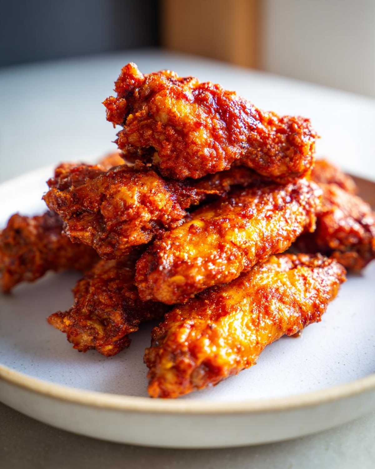 A close-up of a stack of glossy, red-glazed crispy baked chicken wings piled high on a light ceramic plate.
