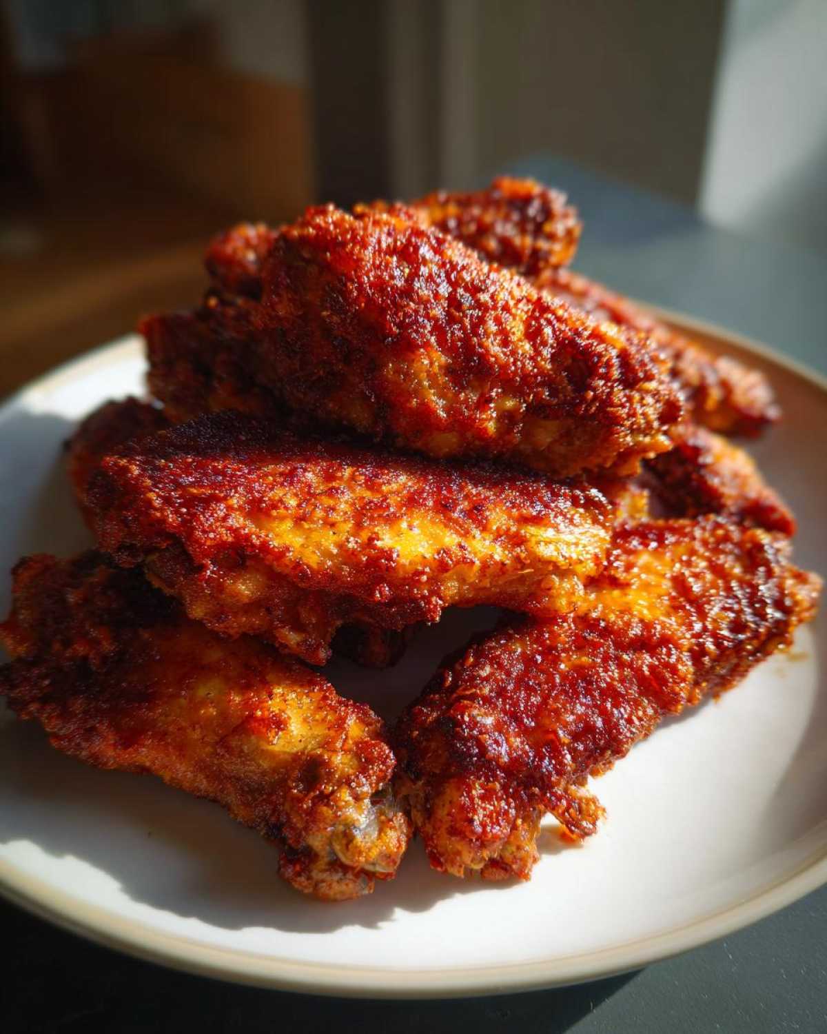 Close-up of a pile of deeply seasoned, crispy baked chicken wings on a light plate.