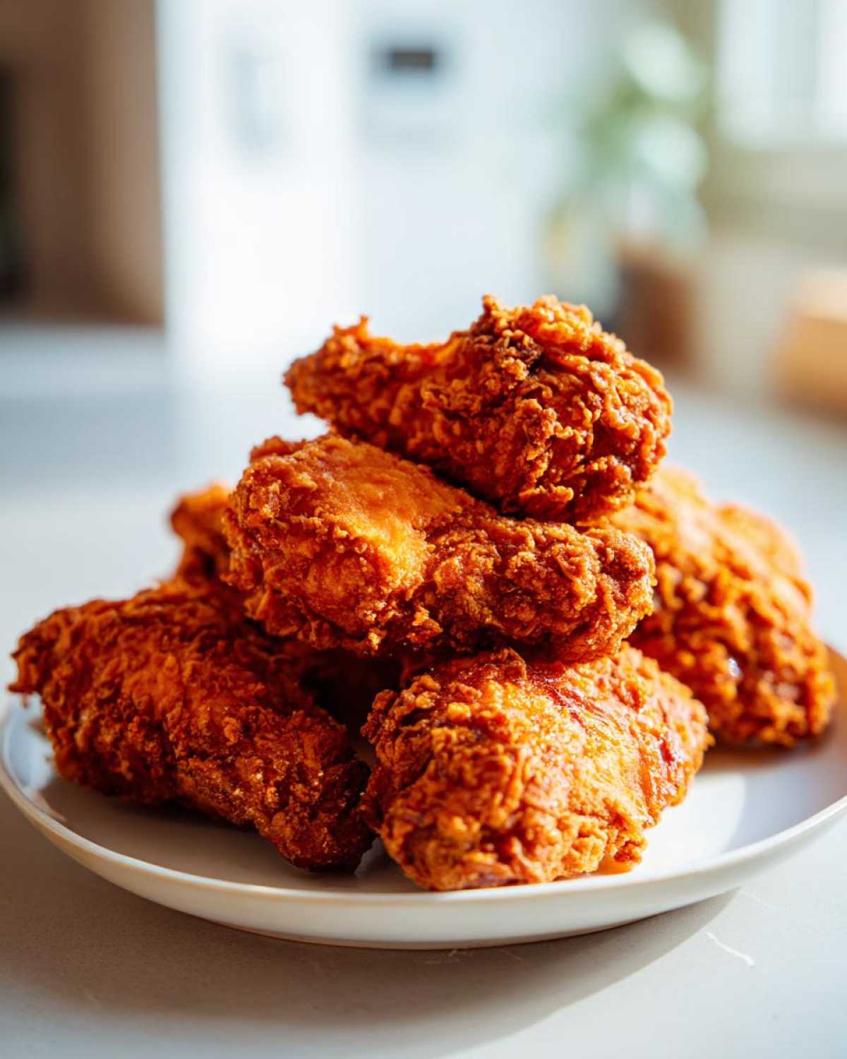 A stack of golden brown, perfectly crispy baked chicken wings piled high on a white plate.