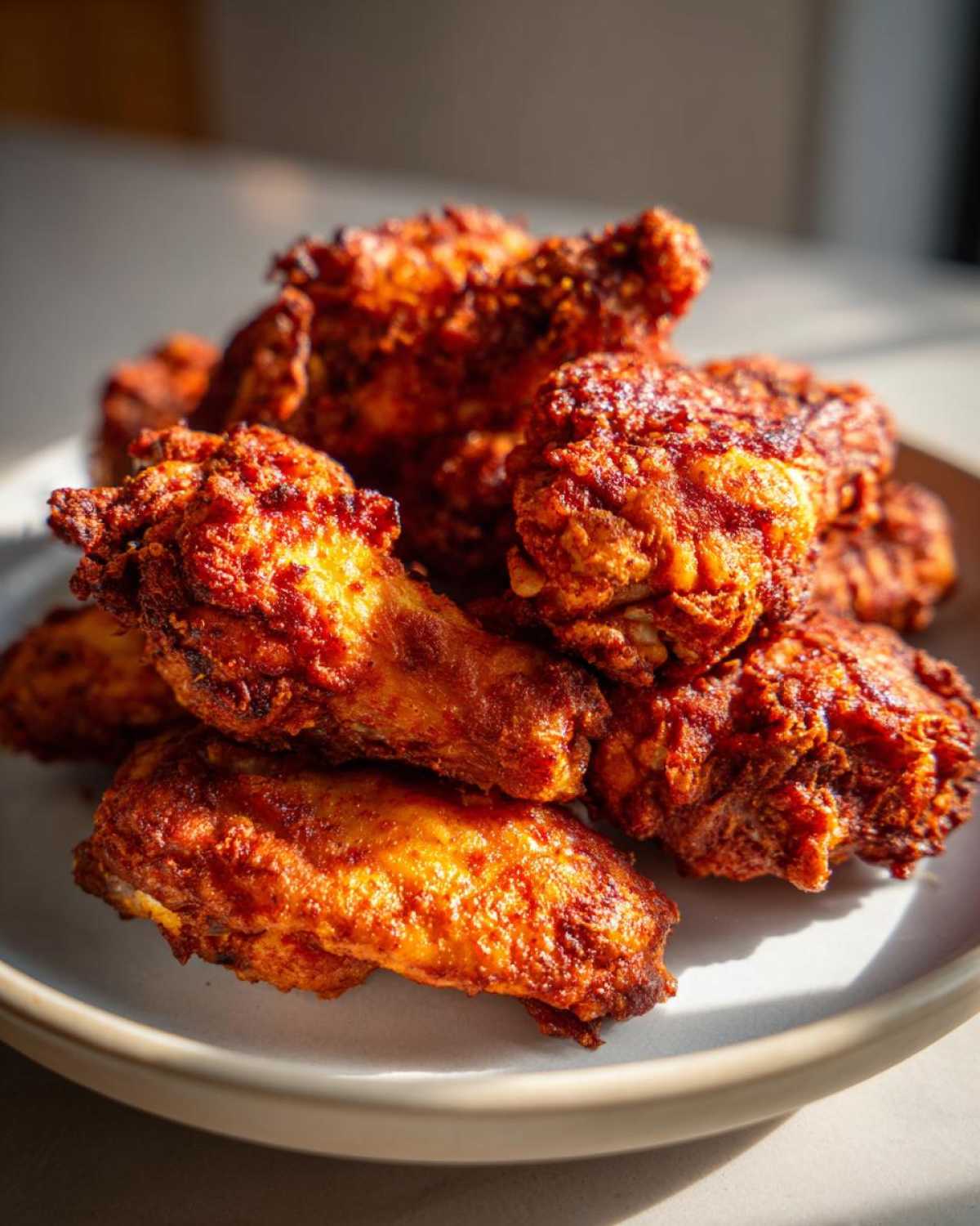 A close-up of a pile of deeply browned, crispy baked chicken wings with a textured, seasoned coating.