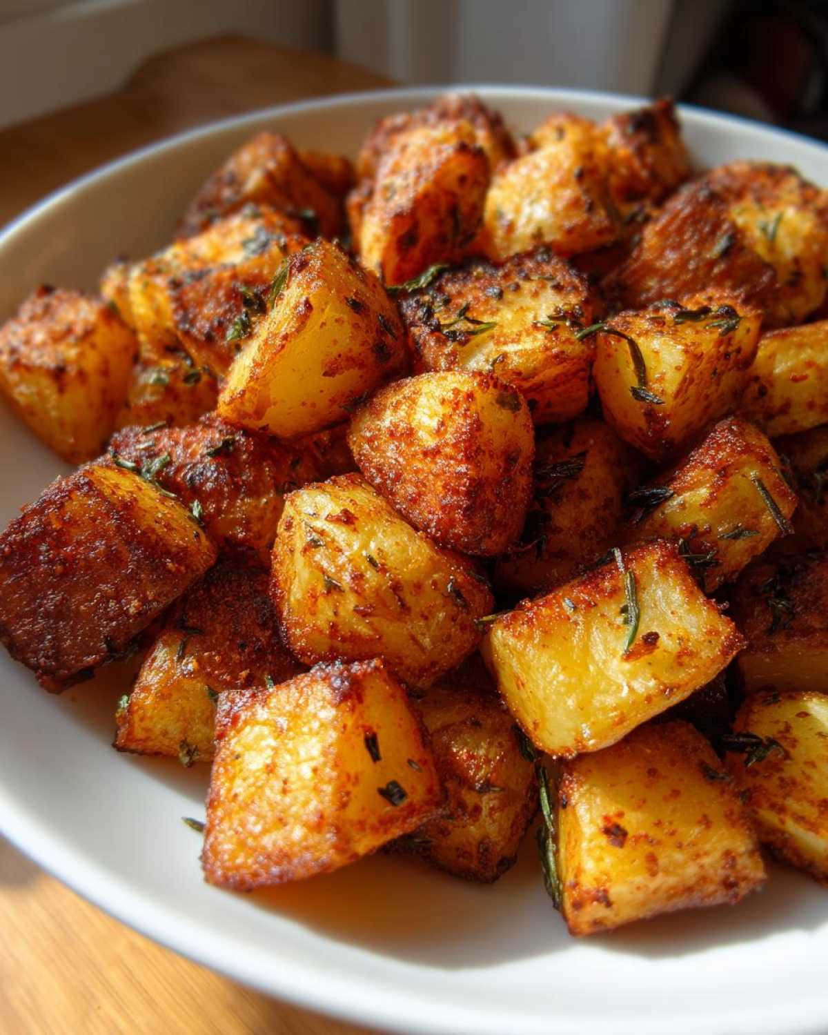 Close-up of golden brown, crispy roasted breakfast potatoes seasoned with herbs in a white bowl.