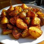 A close-up of perfectly crispy, golden-brown breakfast potatoes seasoned with herbs on a white plate.