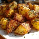 Close-up of crispy, golden brown breakfast potatoes seasoned with herbs on a white plate.