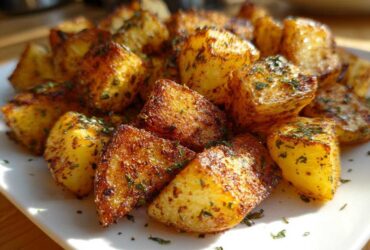 Close-up of crispy, golden brown breakfast potatoes seasoned with herbs on a white plate.