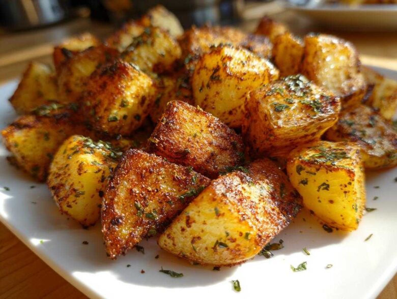 Close-up of crispy, golden brown breakfast potatoes seasoned with herbs on a white plate.