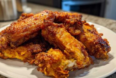 A close-up of a pile of perfectly crispy, golden-brown chicken wings served on a white plate.