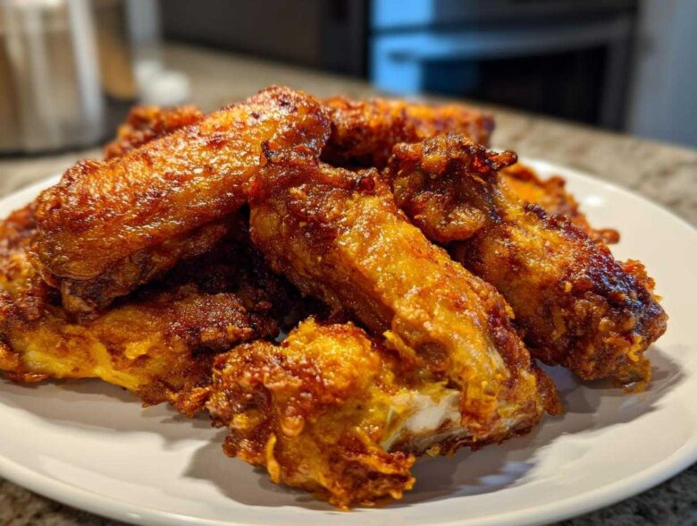 A close-up of a pile of perfectly crispy, golden-brown chicken wings served on a white plate.