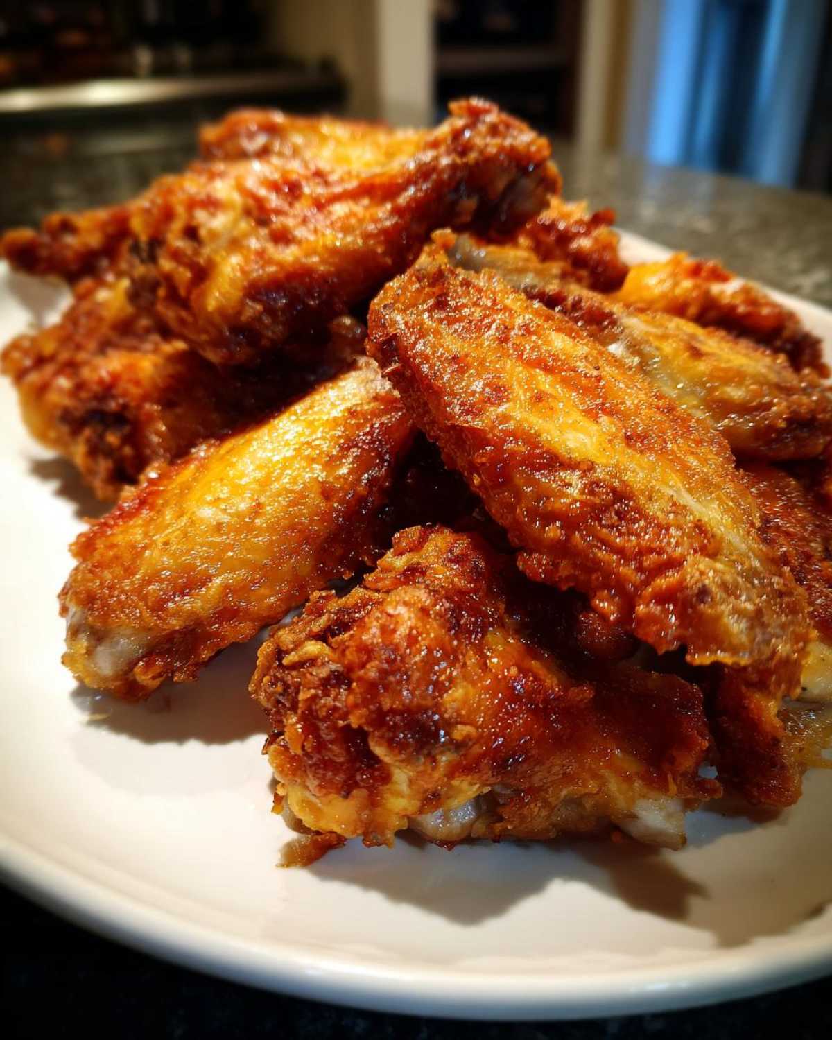 Close-up of a pile of golden brown, crispy chicken wings stacked high on a white serving plate.