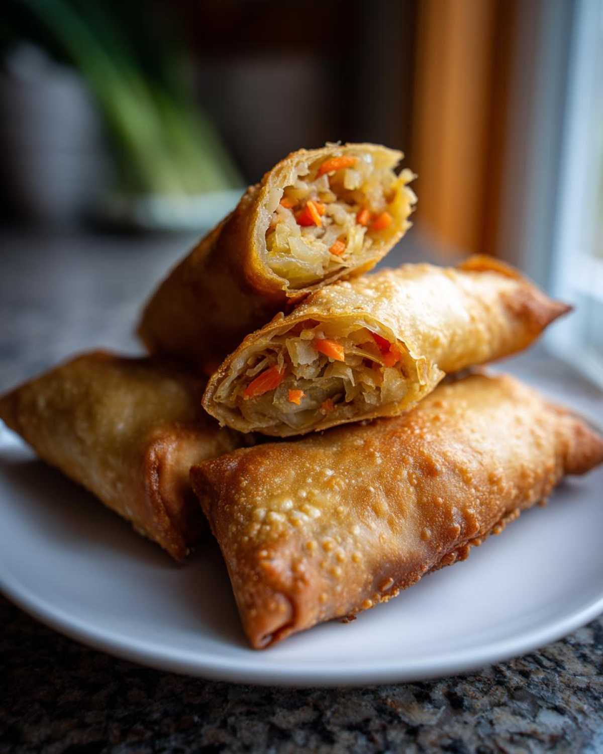 Close-up of crispy fried egg roll pieces stacked on a white plate, one cut open to show the vegetable filling.