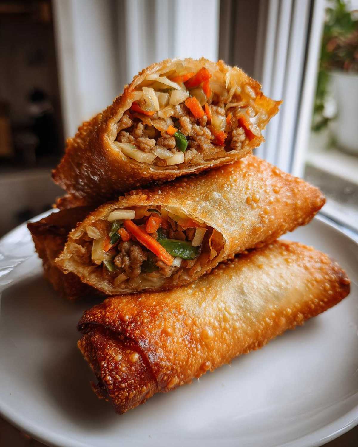 Close-up of crispy fried egg roll pieces stacked, revealing a savory filling of ground meat, cabbage, and carrots.