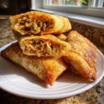 Close-up of crispy, golden brown egg roll pieces stacked on a white plate, showing the savory ground meat and shredded vegetable filling.