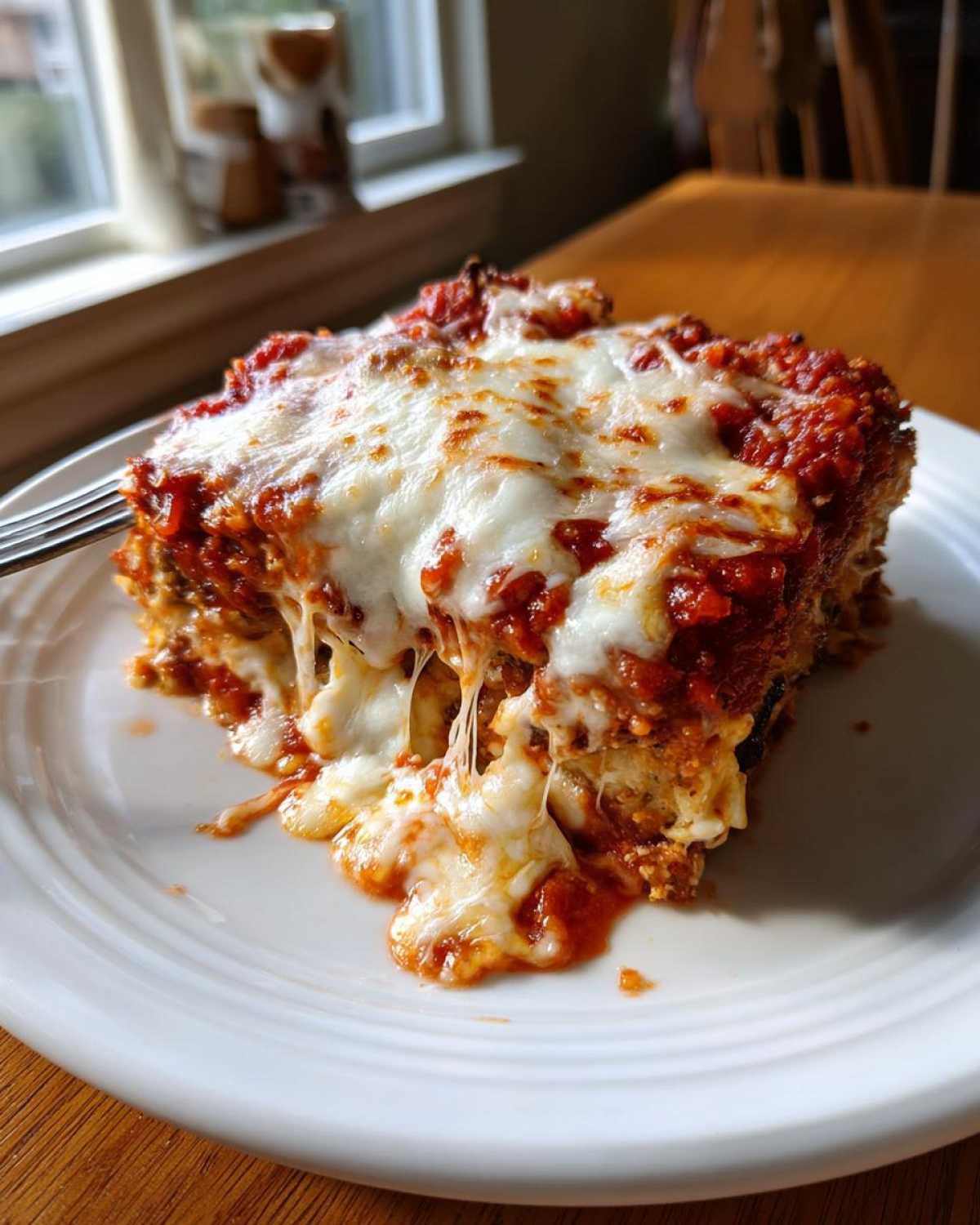 A gooey, cheesy slice of crispy eggplant parmesan being pulled apart by a fork.
