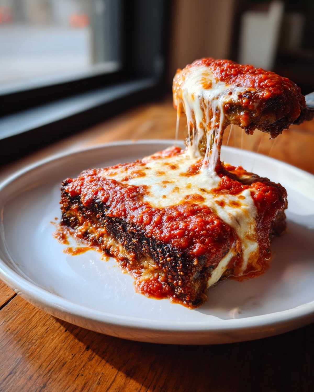 A serving of crispy eggplant parmesan being lifted, showing a dramatic cheese pull over the main portion.