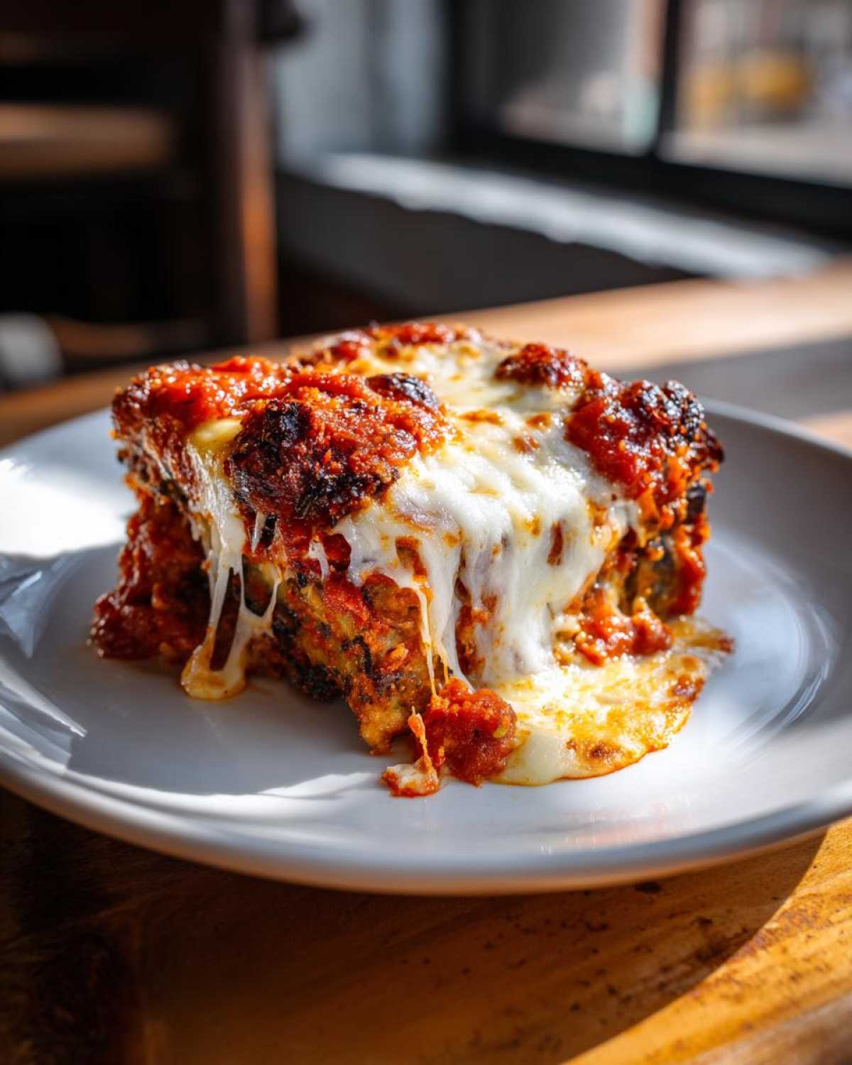 A close-up of a crispy slice of homemade eggplant parmesan covered in bubbling marinara sauce and dripping mozzarella cheese.