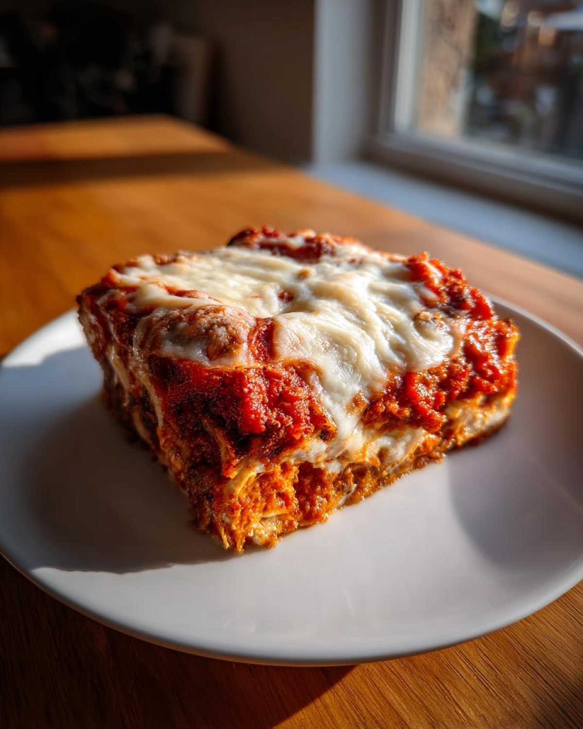 A perfectly baked slice of crispy eggplant parmesan topped with rich tomato sauce and melted mozzarella cheese.