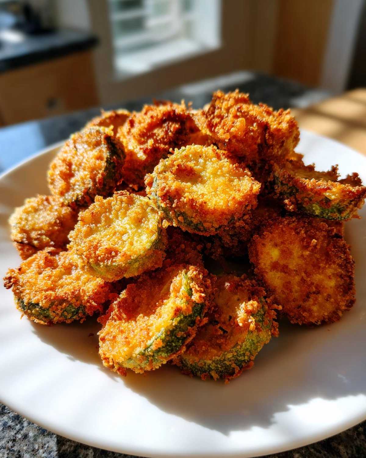A pile of golden, crispy Fried Pickles slices on a white plate, showcasing a crunchy breading.