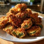 A large pile of golden brown, crispy Fried Pickles stacked high on a white plate.