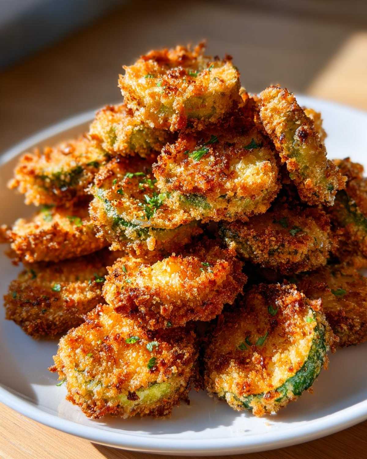 A tall stack of golden brown, crispy Fried Pickles garnished with parsley on a white plate.
