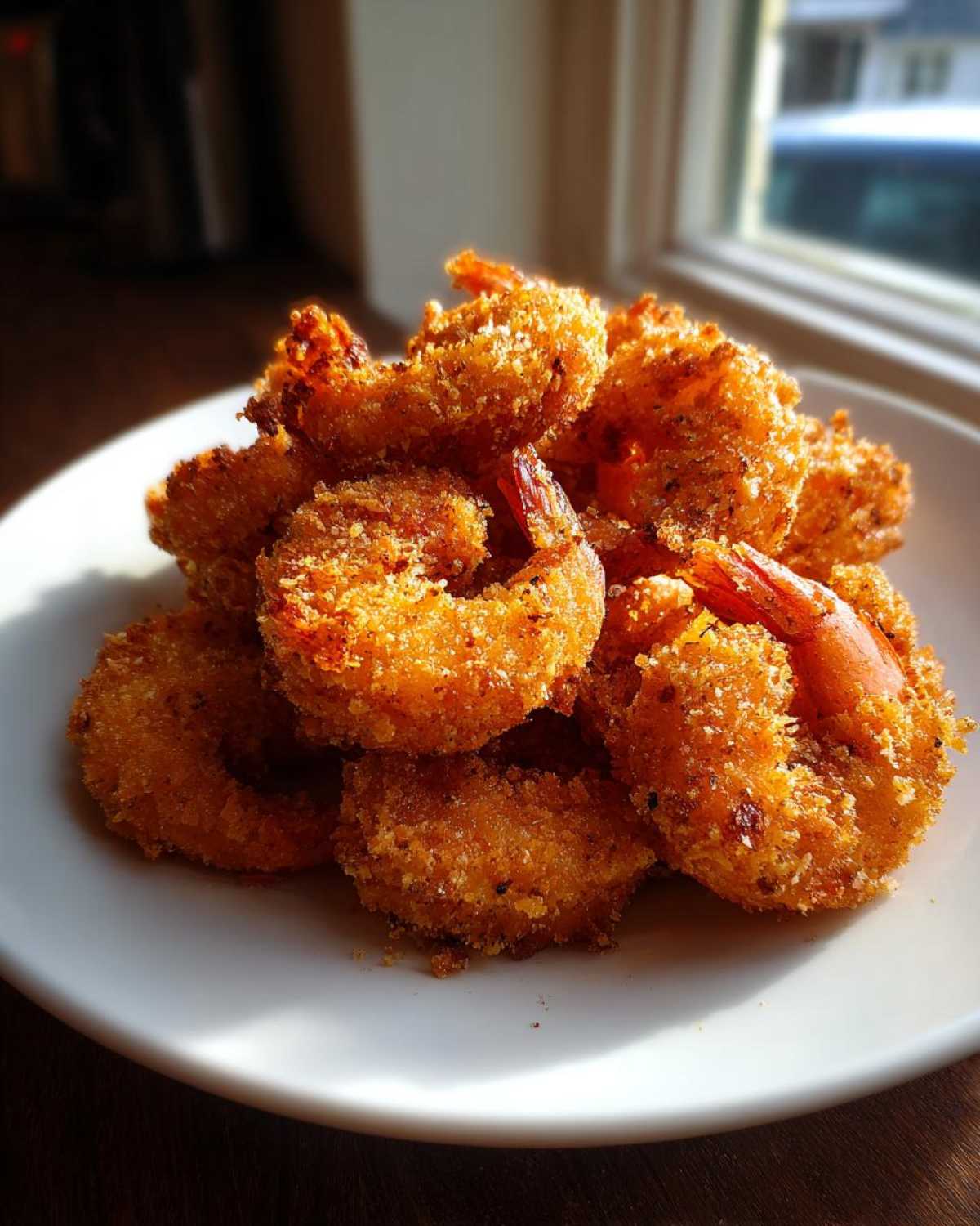 A close-up, brightly lit photo of a mound of golden brown, crispy fried shrimp piled high on a white plate.