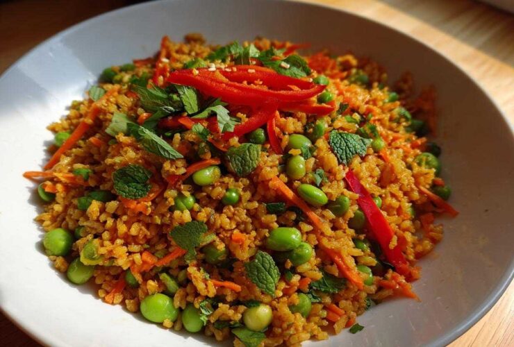 A close-up of a vibrant, seasoned crispy rice salad mixed with bright green edamame, shredded carrots, and fresh mint.