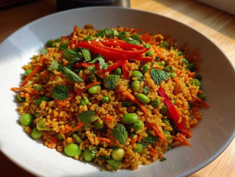 A close-up of a vibrant, seasoned crispy rice salad mixed with bright green edamame, shredded carrots, and fresh mint.
