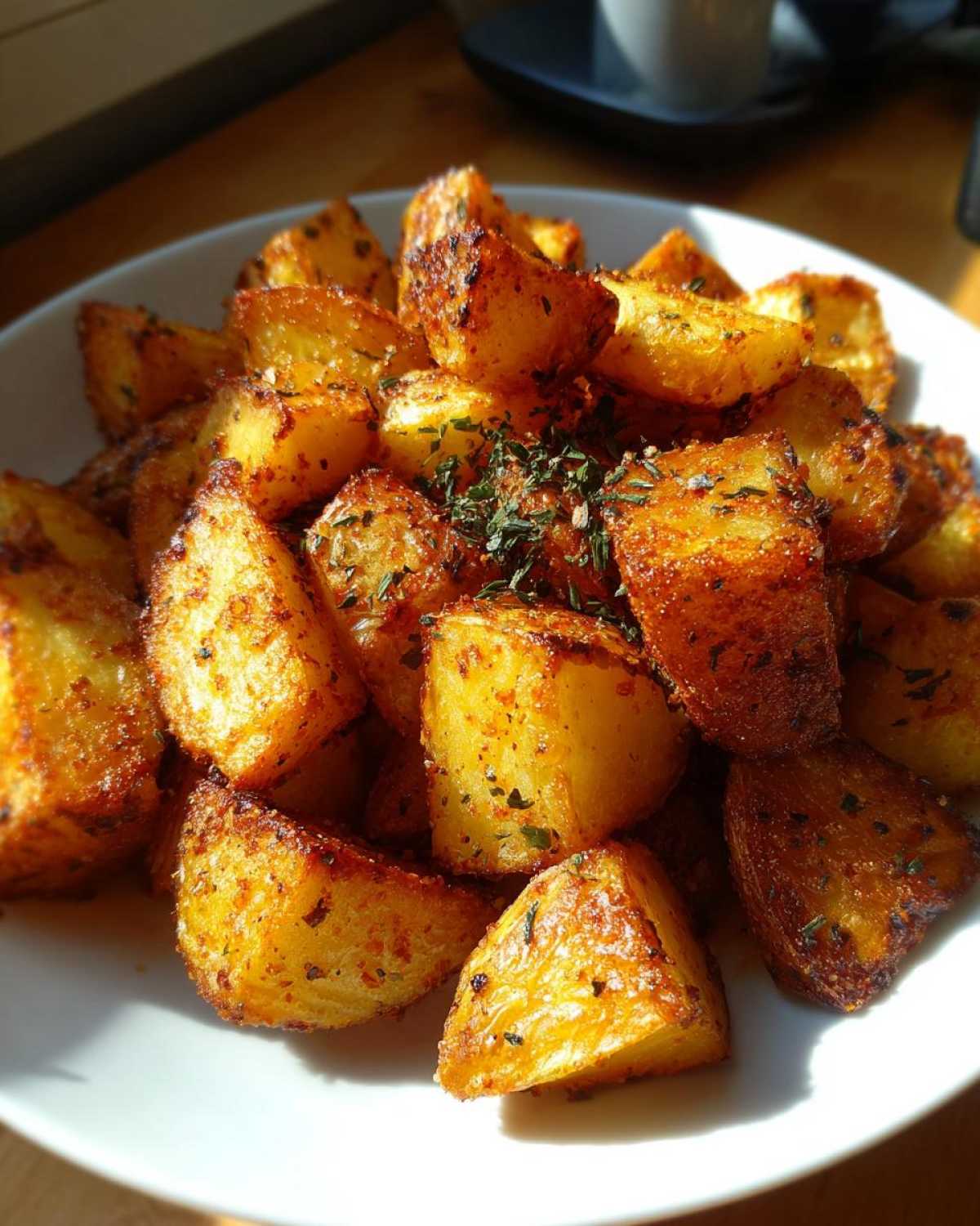 A white plate piled high with golden brown, crispy seasoned breakfast potatoes, garnished with dried herbs.