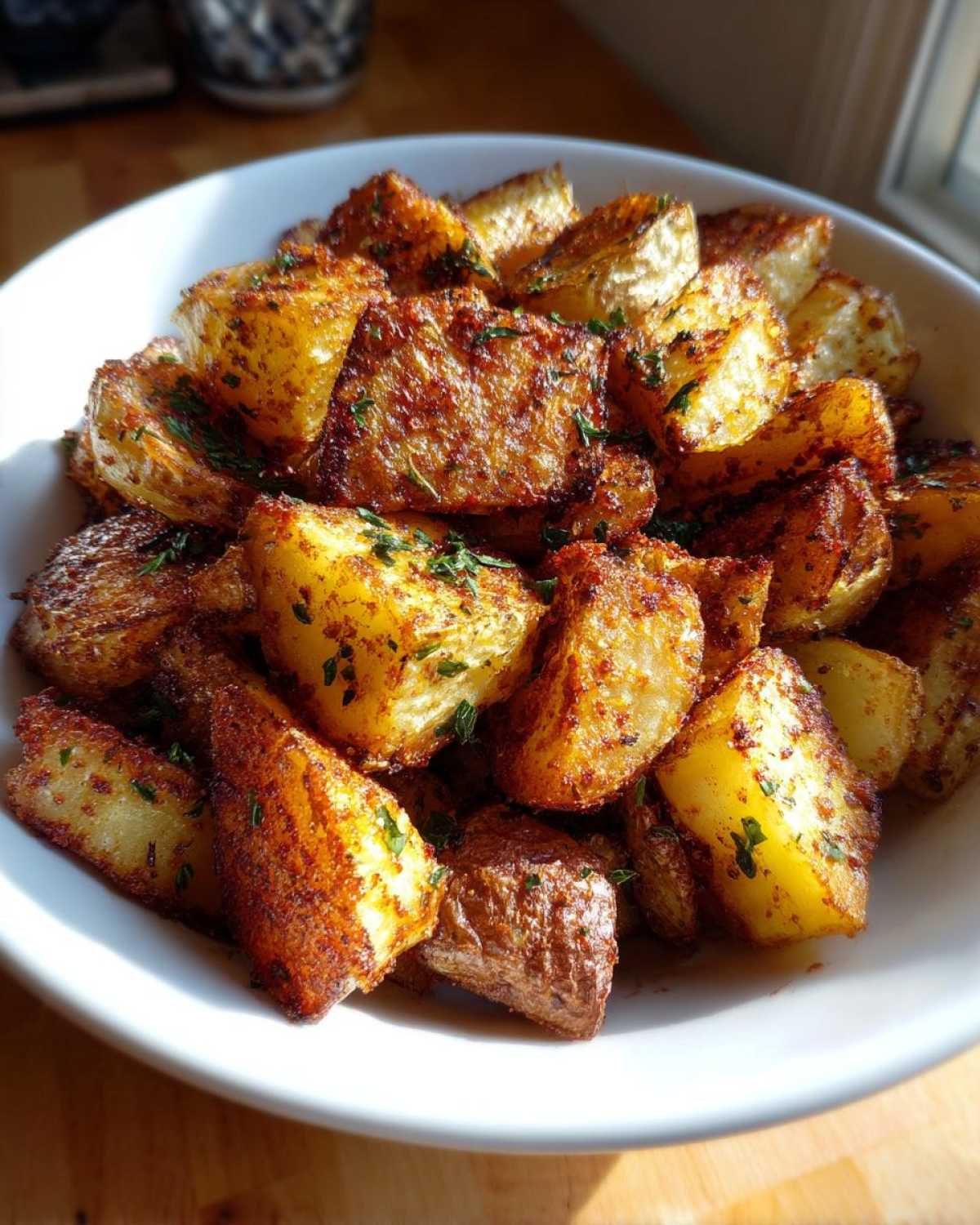Close-up of golden brown, crispy seasoned breakfast potatoes sprinkled with herbs in a white bowl.