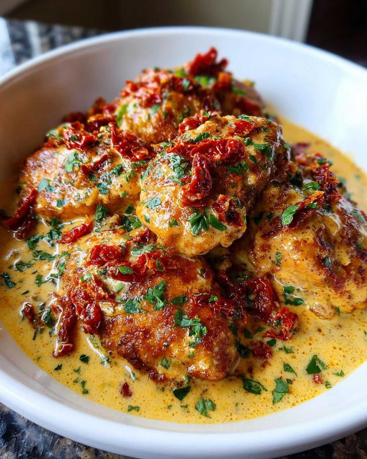 Close-up of rich Crockpot Marry Me Chicken pieces smothered in creamy sauce, topped with sun-dried tomatoes and parsley.