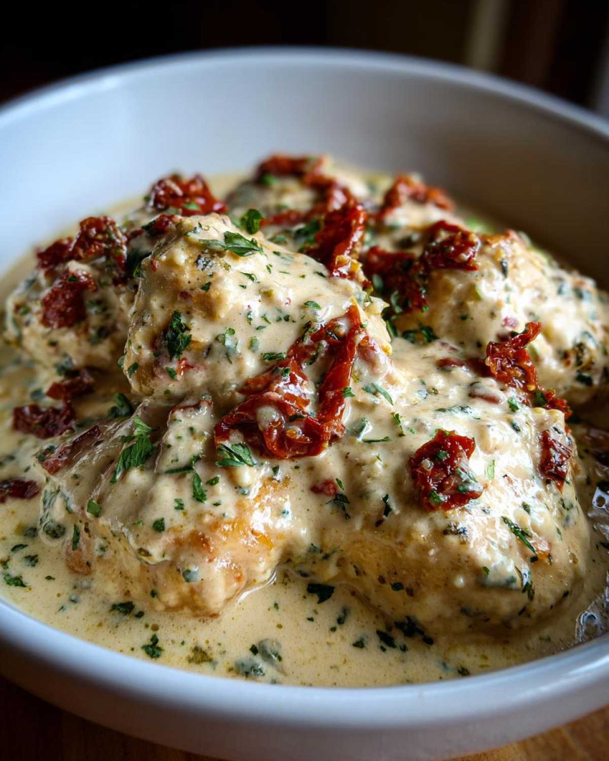 Close-up of tender chicken breasts smothered in creamy sauce, topped with sun-dried tomatoes and herbs, ready to eat Crockpot Marry Me Chicken.