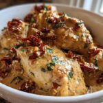 Close-up of tender chicken breasts covered in creamy sauce, sun-dried tomatoes, and herbs: Crockpot Marry Me Chicken.