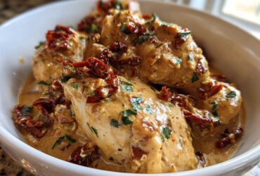 Close-up of tender chicken breasts covered in creamy sauce, sun-dried tomatoes, and herbs: Crockpot Marry Me Chicken.