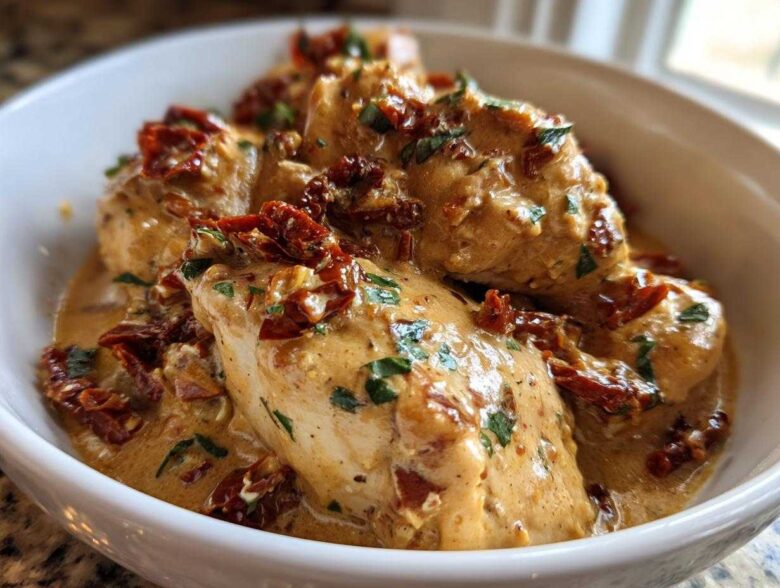 Close-up of tender chicken breasts covered in creamy sauce, sun-dried tomatoes, and herbs: Crockpot Marry Me Chicken.
