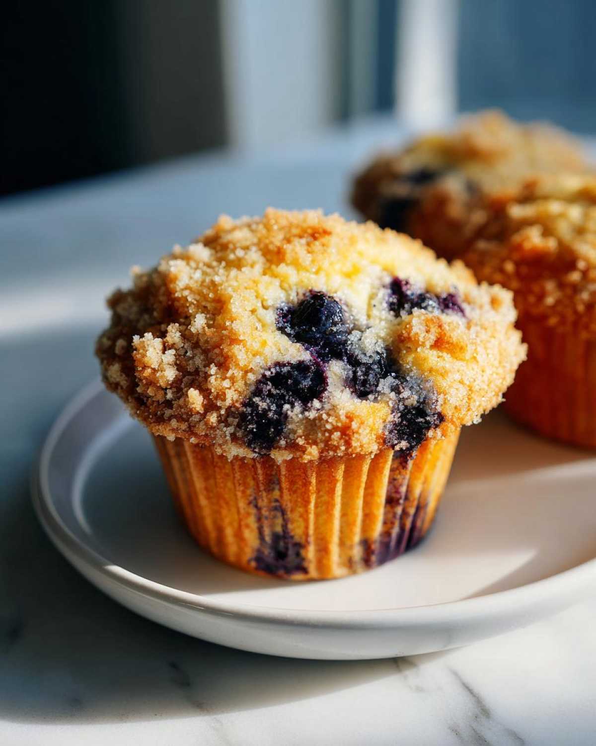 A close-up of a moist blueberry muffin topped with a generous, golden-brown streusel crumb topping.