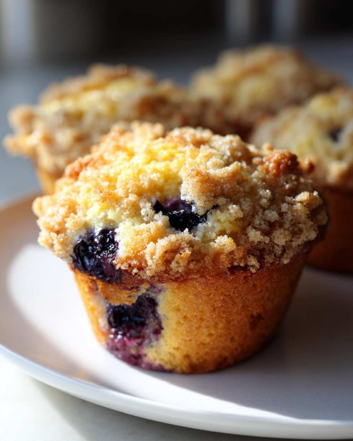 A close-up of a golden-brown blueberry muffin topped with a generous, sugary crumb topping, resting on a white plate.