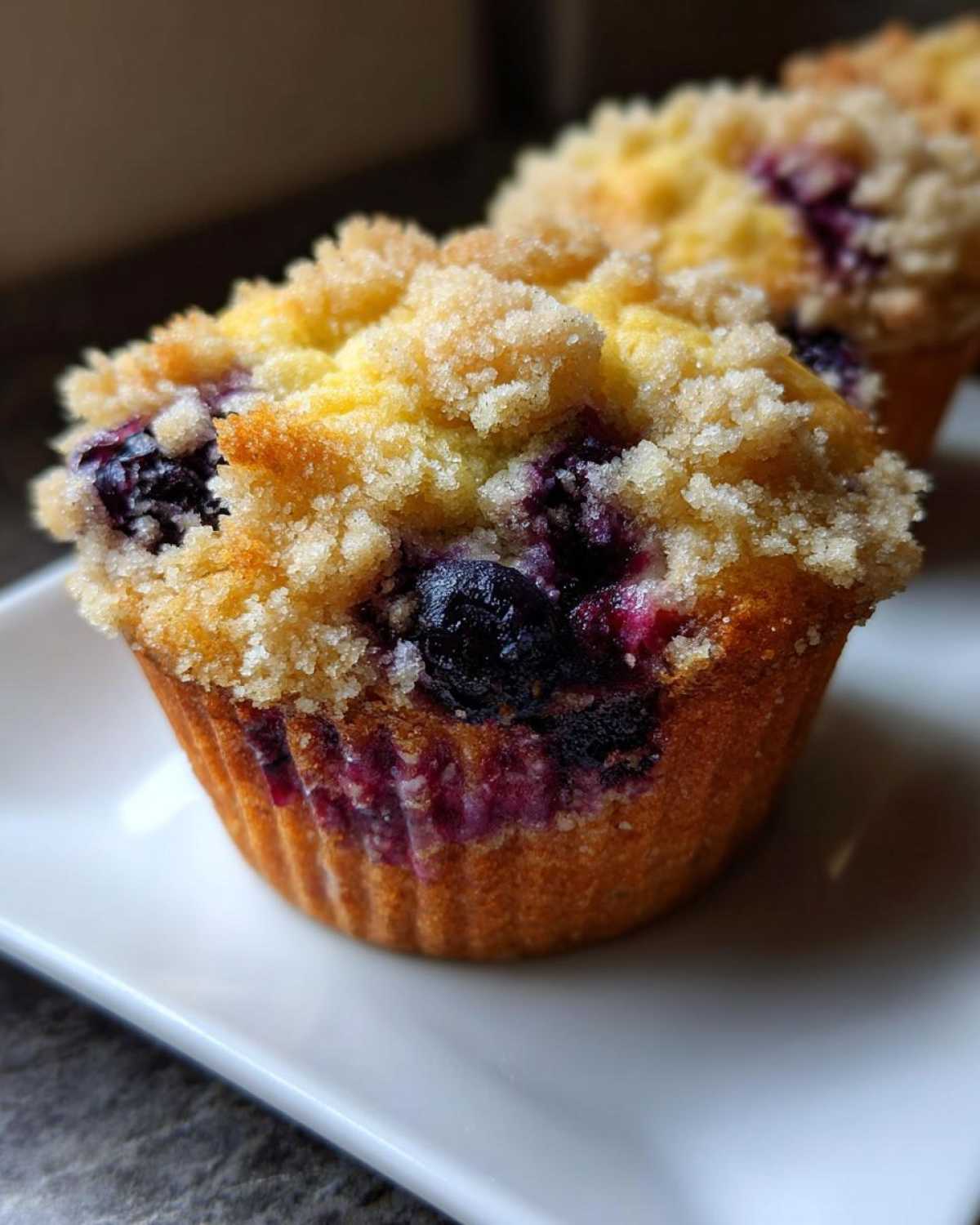 A close-up of a golden-brown blueberry muffin topped with a generous layer of sugary crumble.