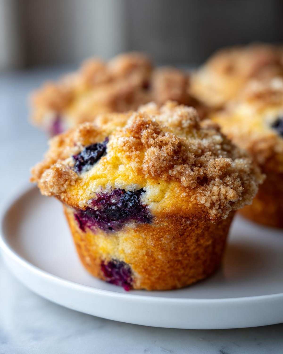 A close-up of a golden baked blueberry muffin topped with brown sugar streusel, sitting on a white plate.