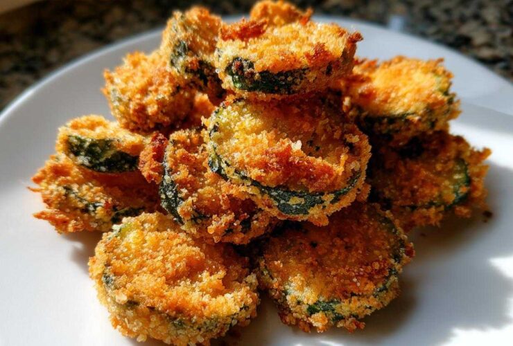Close-up of a pile of golden brown, crispy Fried Pickles slices stacked on a white plate.