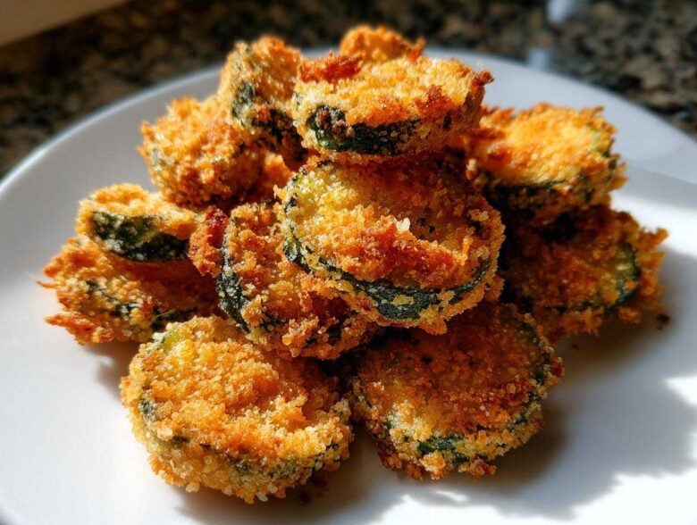 Close-up of a pile of golden brown, crispy Fried Pickles slices stacked on a white plate.
