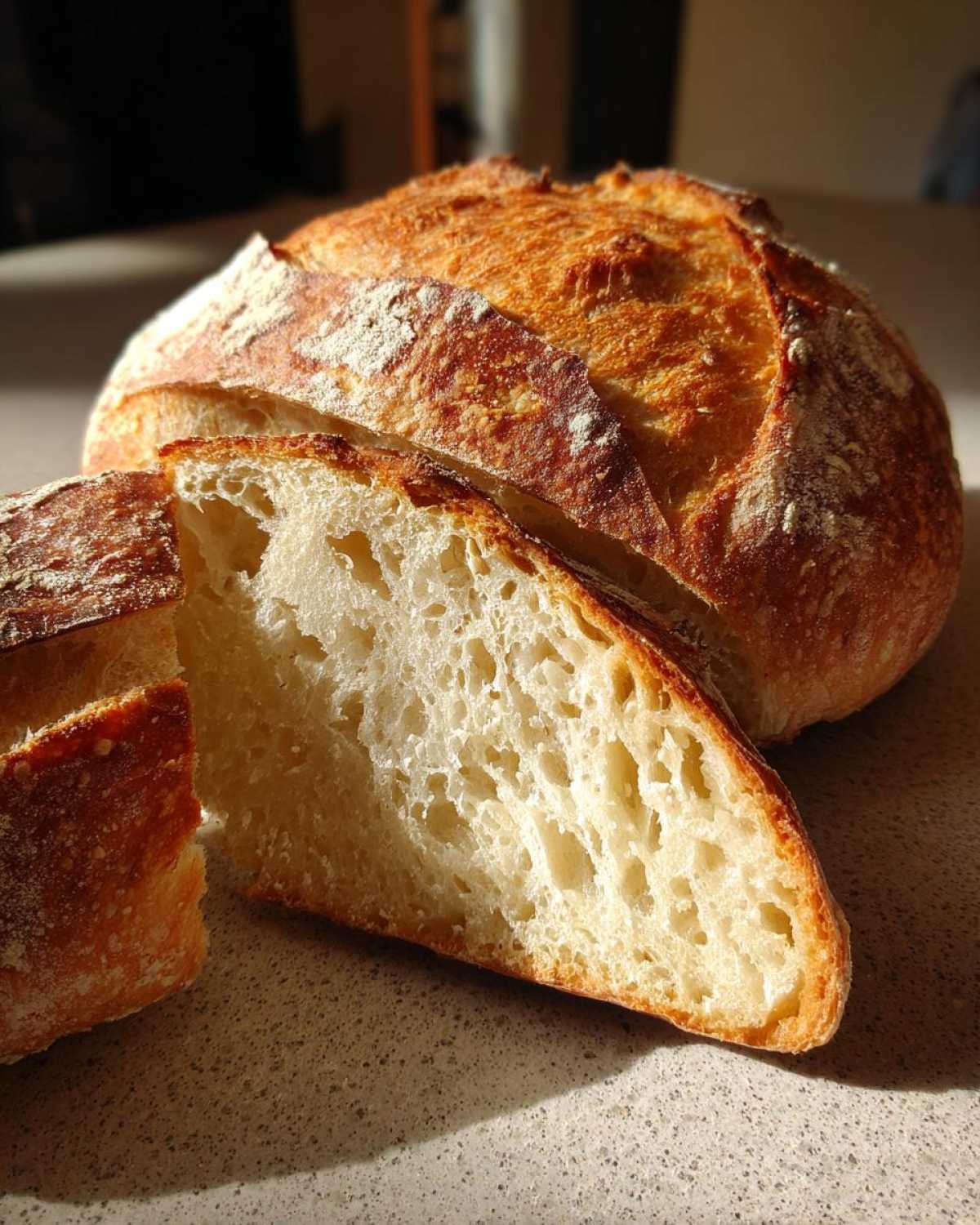 A rustic, round loaf of french bread, sliced to show the airy interior crumb and golden crust.