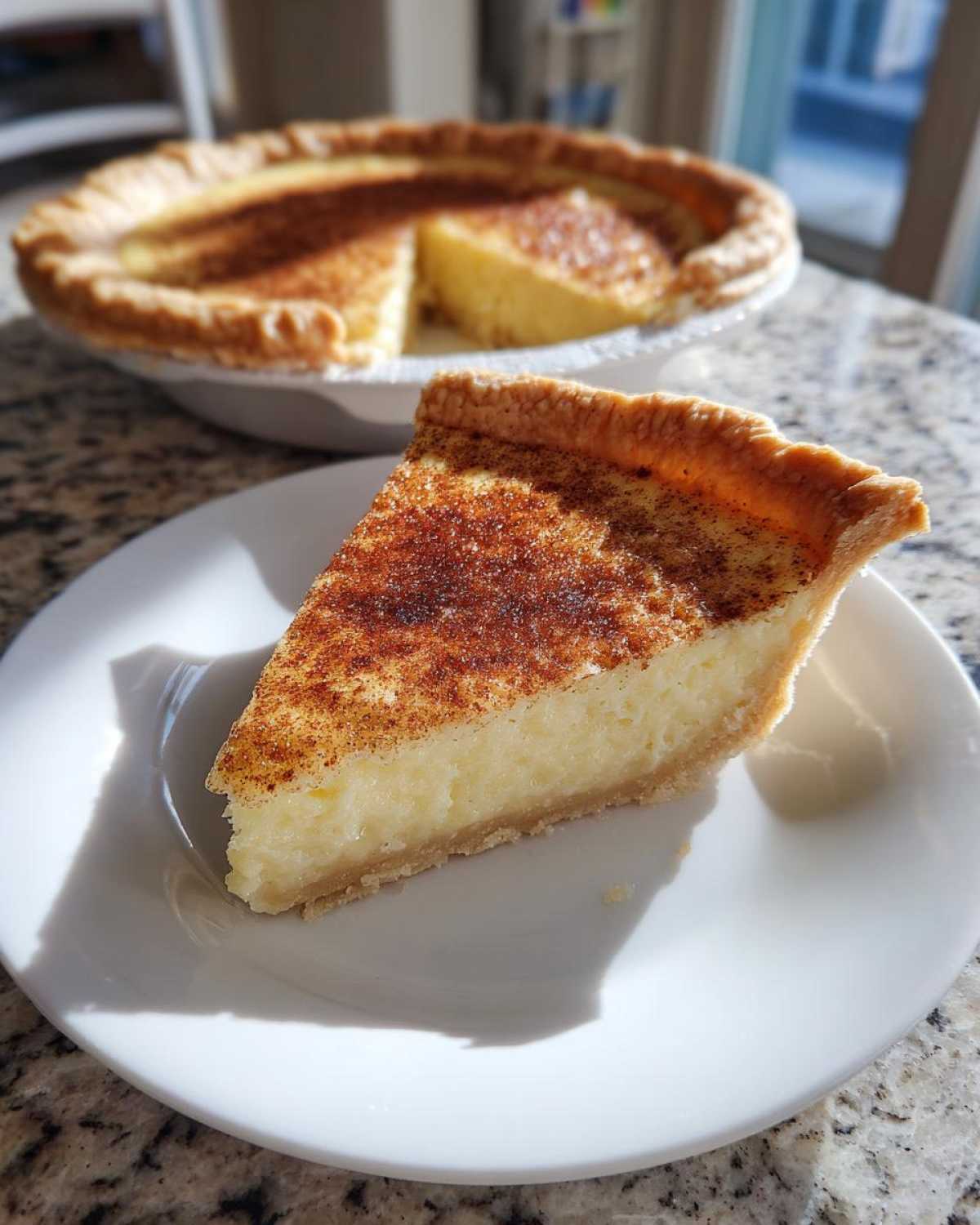 A close-up of a slice of creamy custard pie dusted with cinnamon on a white plate, with the rest of the custard pie blurred in the background.