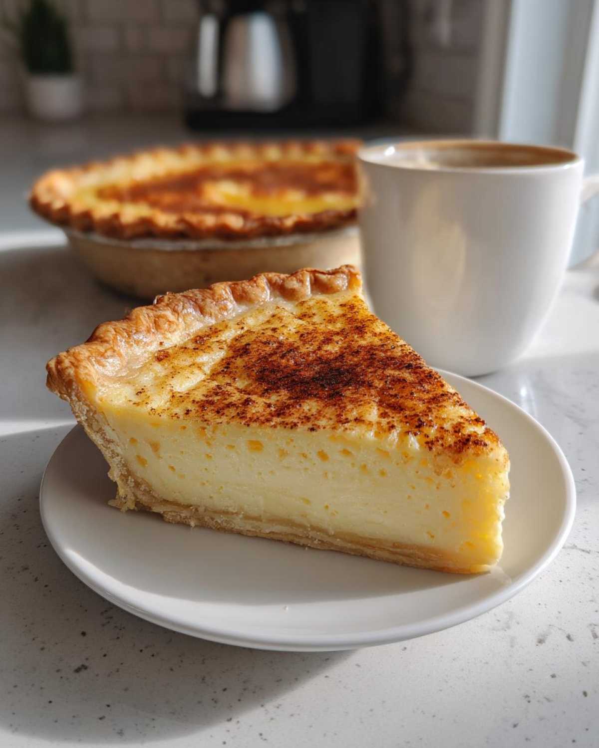 A thick slice of creamy custard pie dusted with cinnamon sits on a white plate next to a mug of coffee.