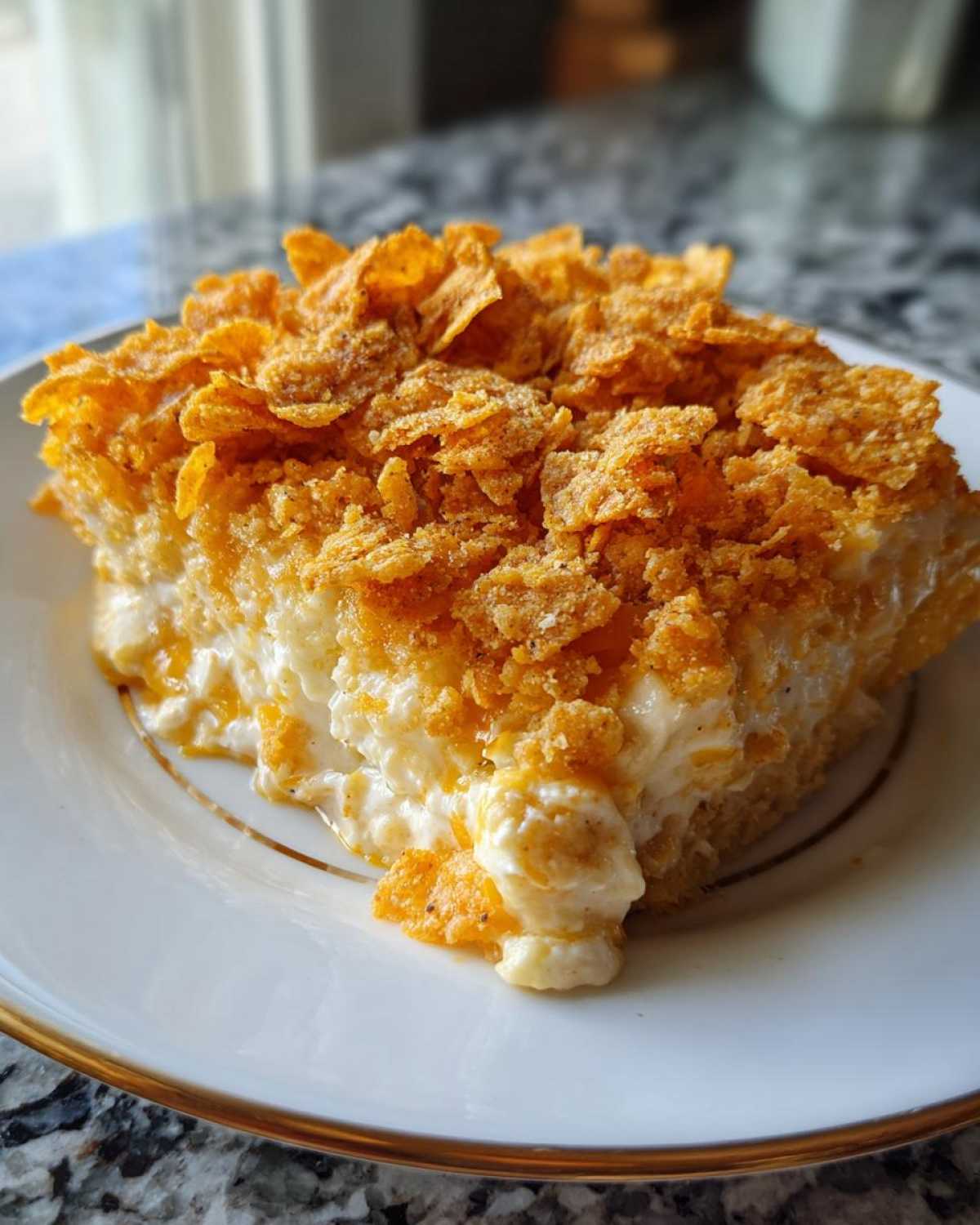 A single serving of creamy Dorito Casserole topped generously with crushed, crunchy orange chips.