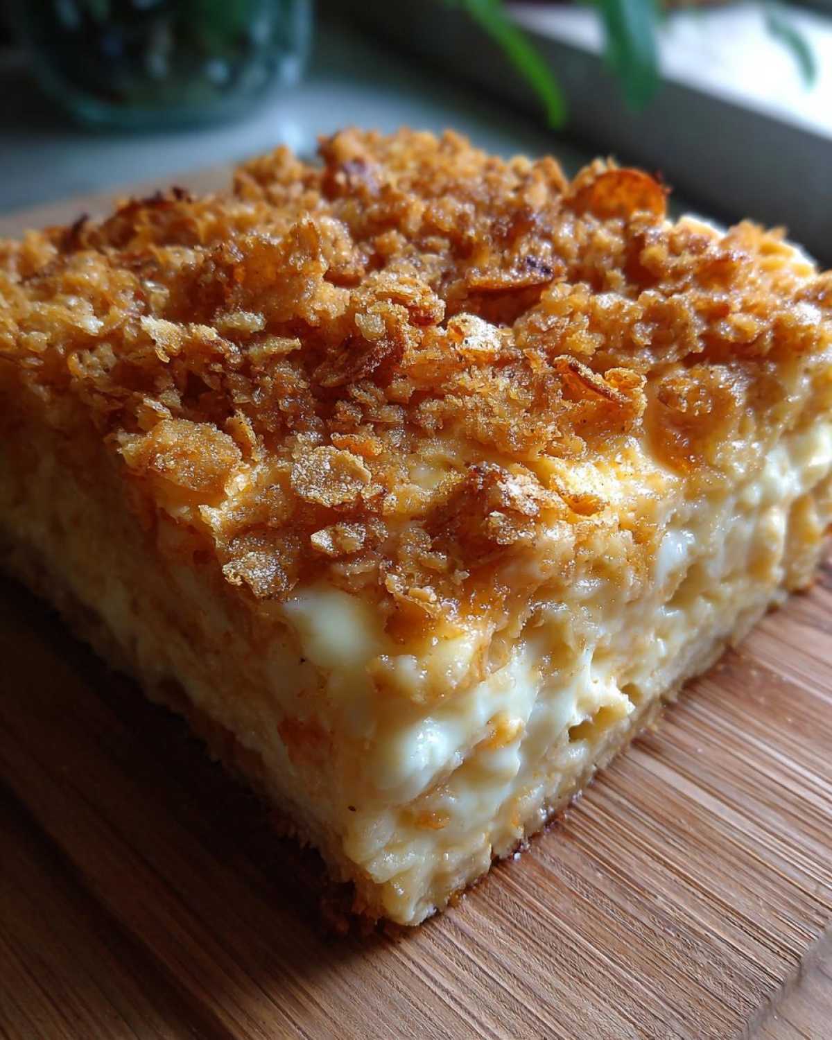 A thick, creamy slice of Dorito Casserole topped with a golden, crunchy layer of crushed chips.