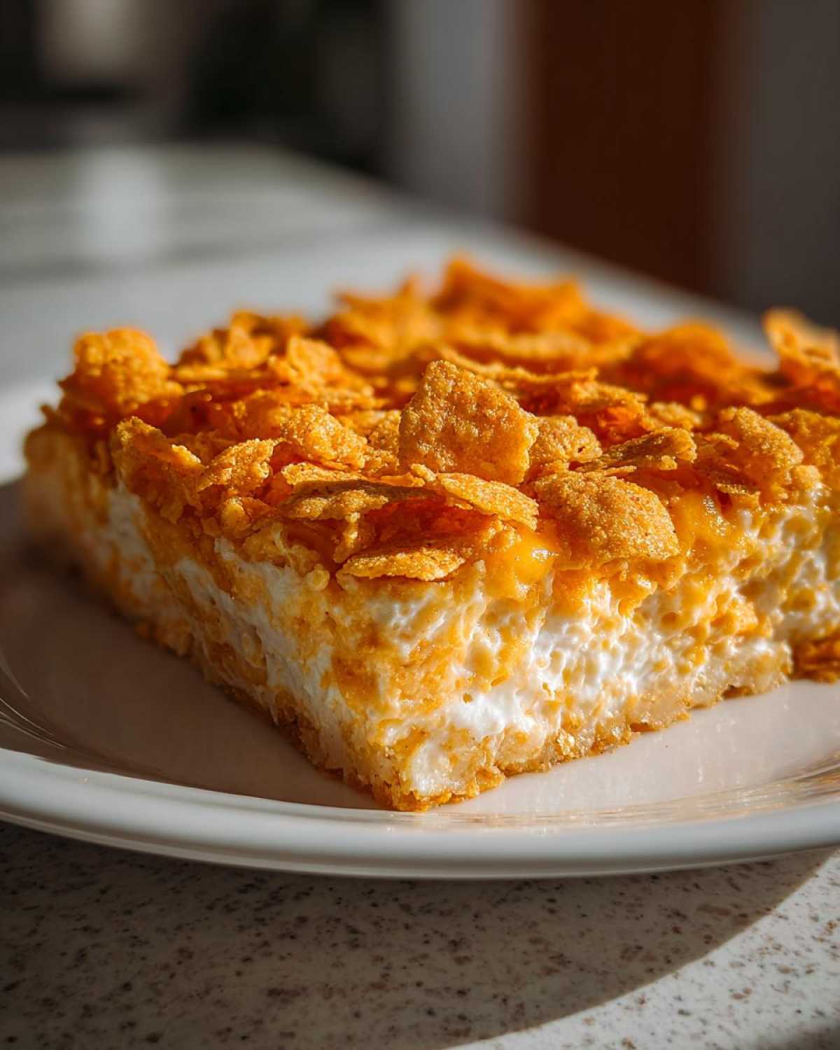 A close-up slice of creamy Dorito Casserole topped with crunchy, orange chips.