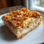 A square serving of creamy Dorito Casserole topped with a thick, crunchy layer of crushed chips and melted cheese.
