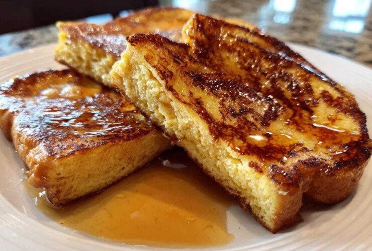 Close-up of thick, golden brown slices of easy french toast drizzled generously with maple syrup on a white plate.
