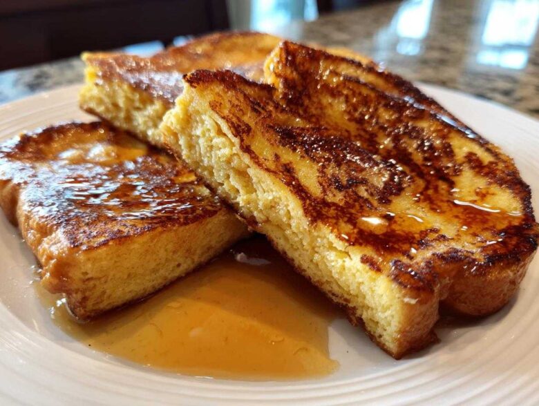 Close-up of thick, golden brown slices of easy french toast drizzled generously with maple syrup on a white plate.